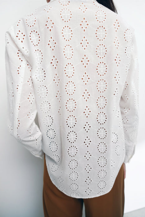 Spring Women White Long Sleeve Hollow Out Cutout Eyelet Embroidered Shirt