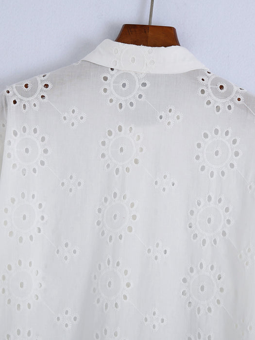 Spring Women White Long Sleeve Hollow Out Cutout Eyelet Embroidered Shirt