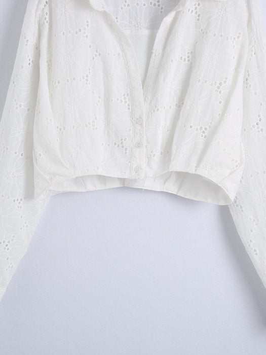 Spring Women Clothing Collared Long Sleeve Button Short Eyelet Embroidery Hollow Out Cutout Shirt Women