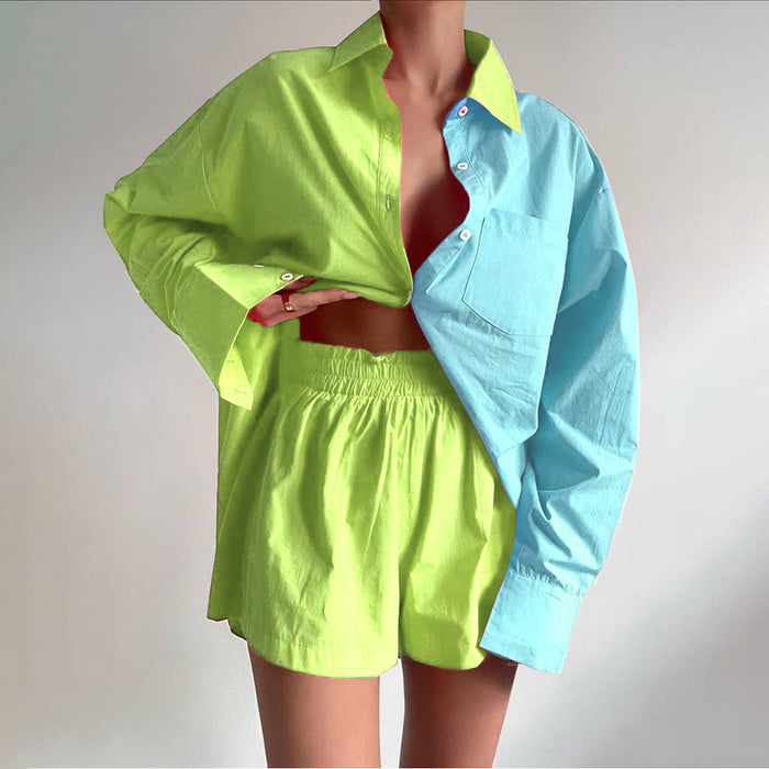 Spring Summer Two-Piece Set Solid Color Stitching Single-Breasted Long Sleeve Collared Shirt Shorts Loose Casual Suit