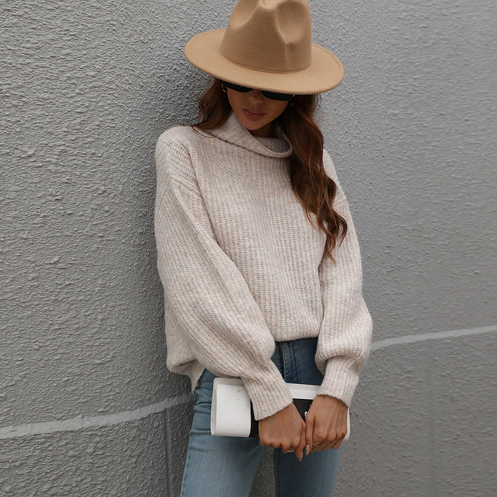 Autumn Winter Solid Color Sweater Turtleneck Pullover Loose Women Clothing Solid Color Turtleneck Sweater