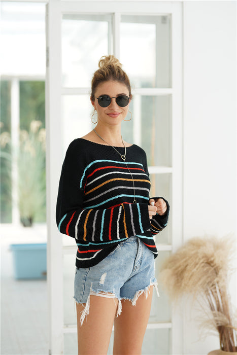 Autumn Winter Striped Rainbow Sweater Women Color Contrast Patchwork Loose Pullover Sweater