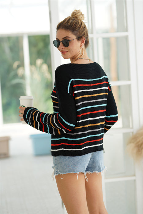 Autumn Winter Striped Rainbow Sweater Women Color Contrast Patchwork Loose Pullover Sweater