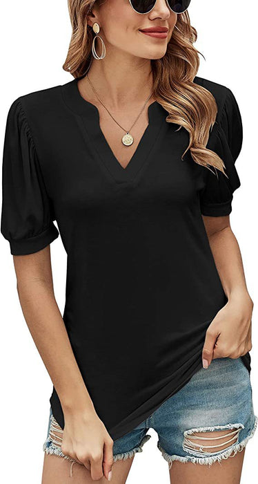 Top Summer Casual V-neck Solid Color Puff Sleeve Loose T-shirt for Women