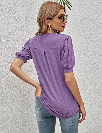 Top Summer Casual V-neck Solid Color Puff Sleeve Loose T-shirt for Women