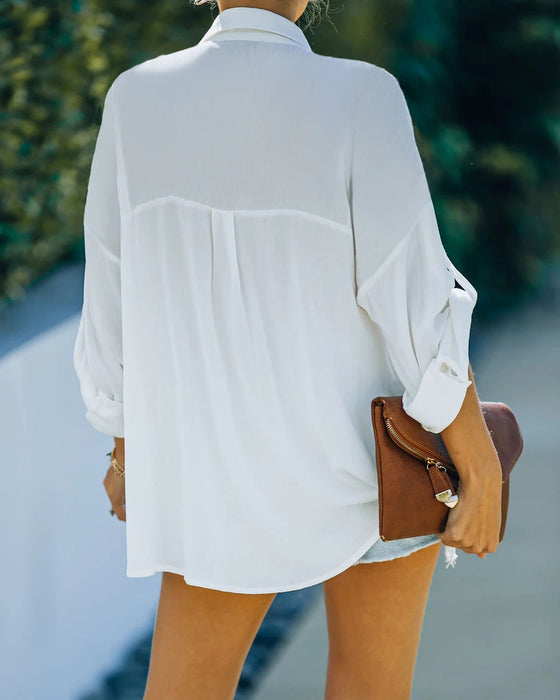 Shirt Spring Summer Solid Color Pocket Shirt Loose Long Short Sleeve Top