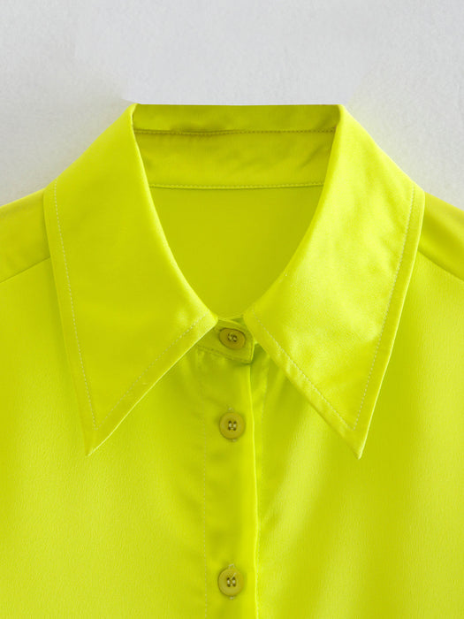 Spring Women Bright Yellow Satin Texture Shirt Top