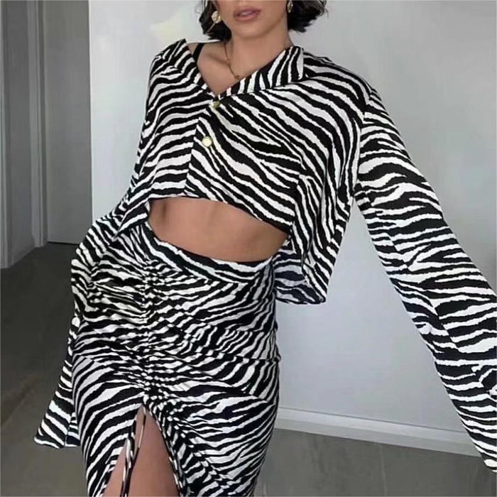 Summer Women Zebra Print Short Knitted Top Mid-Length Dress Set