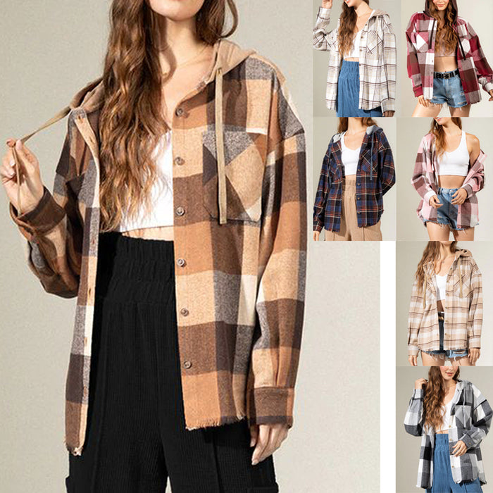 Women Autumn Winter Plaid Shirt Button Down Jacket Coat Plaid Shacket Jacket Clothing with Pocket Cozy Long Sleeve Casual Boyfriend Shirt