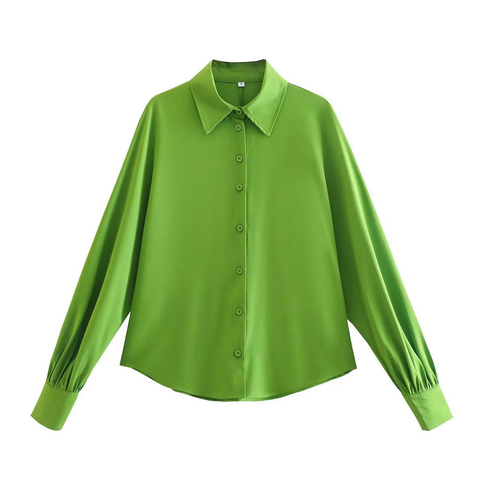 Apple Green Single-Breasted Shirt Fashionable Women Polo Collar Long-Sleeved Shirt Women