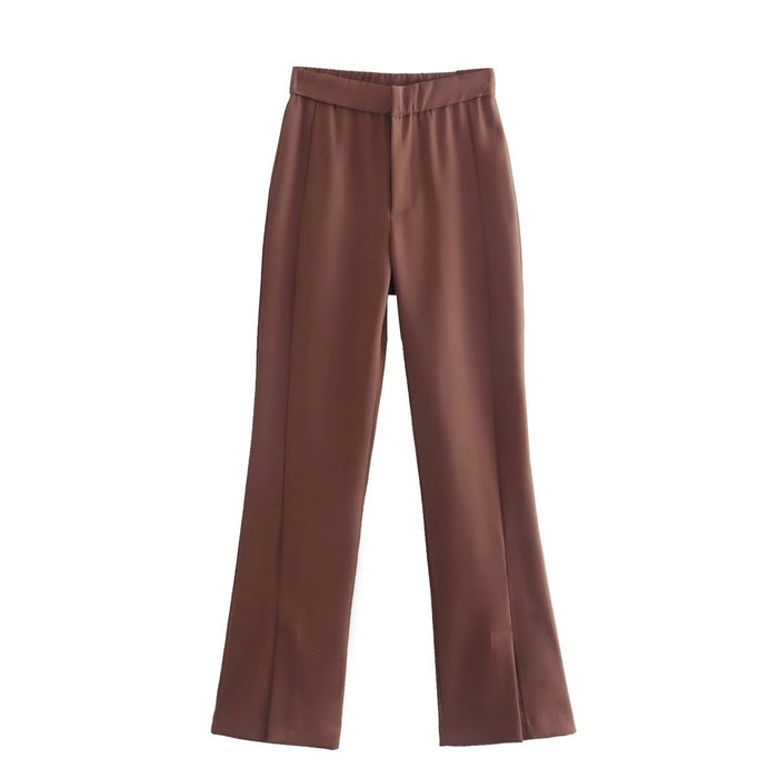 Summer Women Clothing Brown Slit Design Casual Straight Pants Trousers