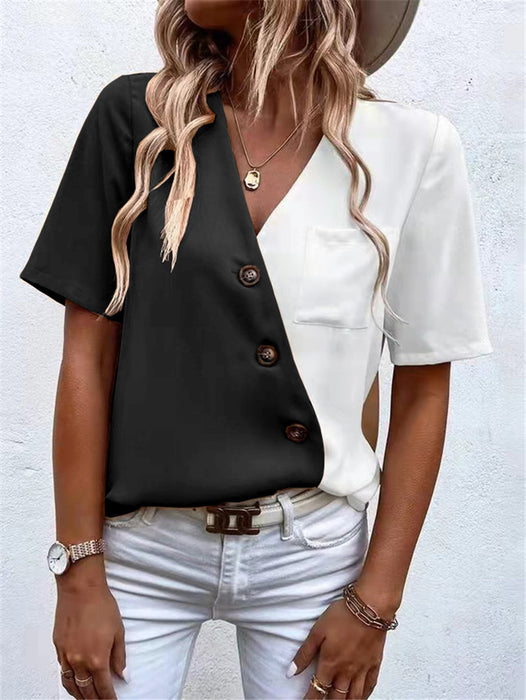 Wish Summer Women Clothing V-neck Chiffon Contrast Color Short Sleeve Shirt Top