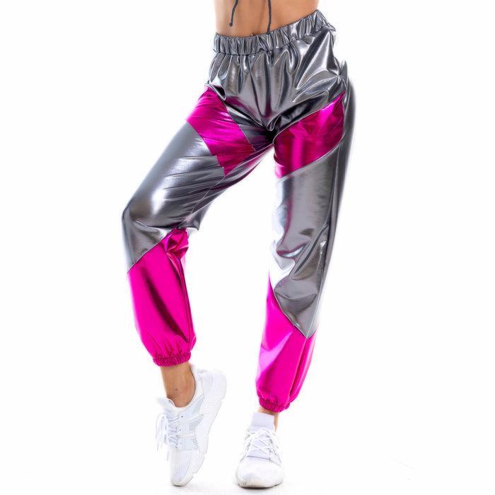 Contrast Color Trousers Women Bronzing Patent Leather Colorful Laser Pocket Loose Women Pants