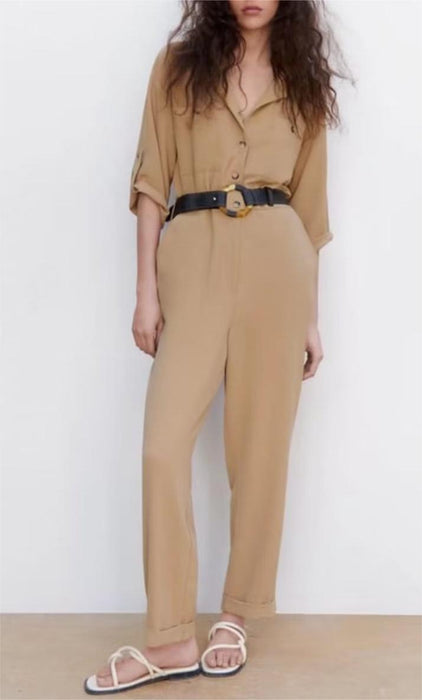 Spring Women Clothing Solid Color with Belt Double Breasted Loose Casual Jumpsuit Trousers