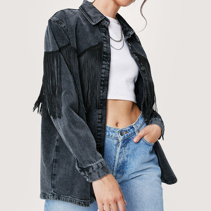 Women Autumn Winter Shacket Tassel Button Front  Fringe Trim Boyfriend Black Washed Denim Jean Coat Jacket Outwear Casual Denim Jacket