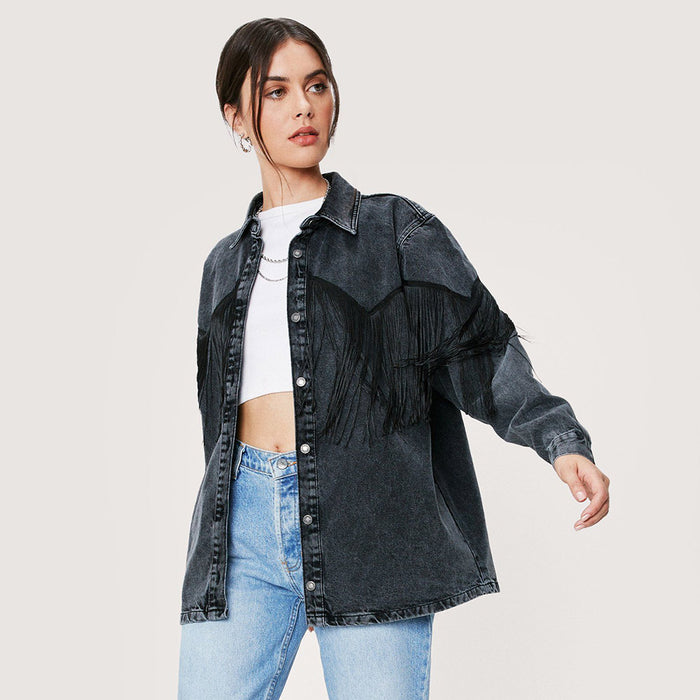 Women Autumn Winter Shacket Tassel Button Front  Fringe Trim Boyfriend Black Washed Denim Jean Coat Jacket Outwear Casual Denim Jacket