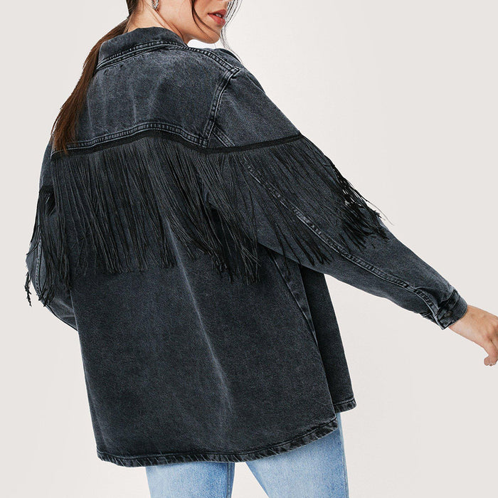 Women Autumn Winter Shacket Tassel Button Front  Fringe Trim Boyfriend Black Washed Denim Jean Coat Jacket Outwear Casual Denim Jacket