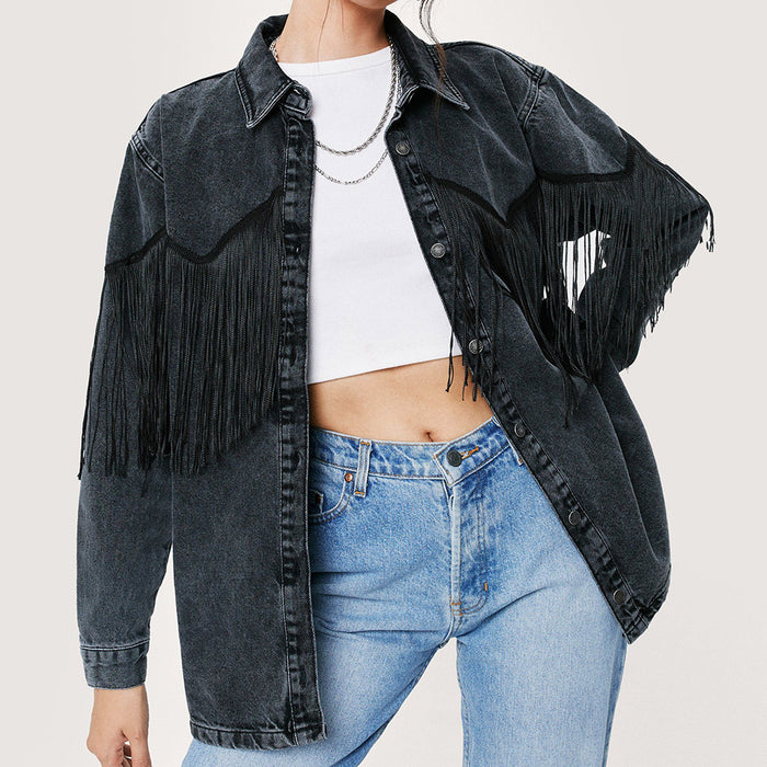 Women Autumn Winter Shacket Tassel Button Front  Fringe Trim Boyfriend Black Washed Denim Jean Coat Jacket Outwear Casual Denim Jacket