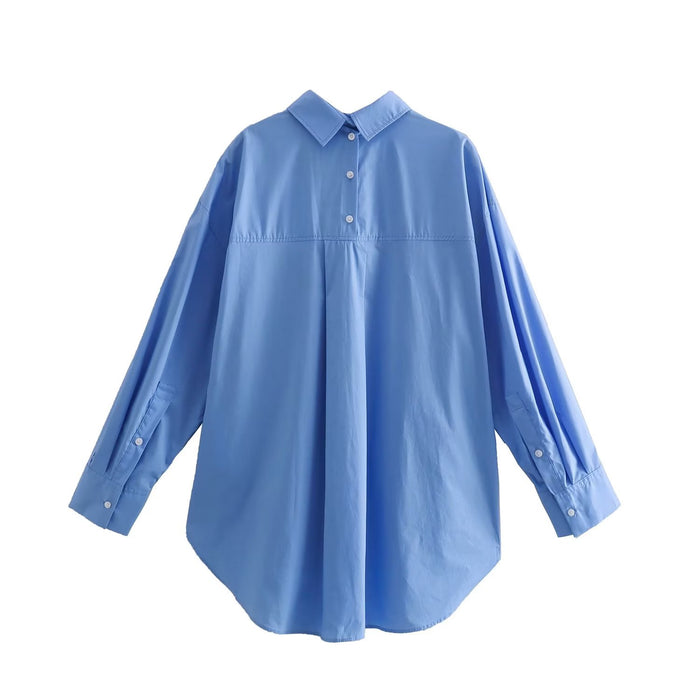 Summer Cotton Solid Color Loose-Fitting Women Shirt Front Rear Collared Poplin Long Sleeve Shirt for Women