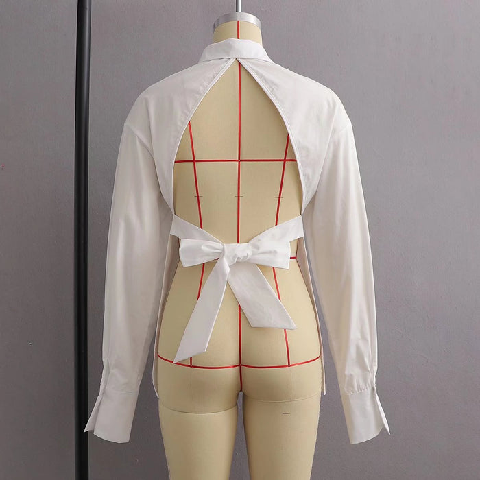 Summer Women Shirt Trendy Slim Fit Sexy Hollow Out Cutout Poplin Backless Knotted Shirt