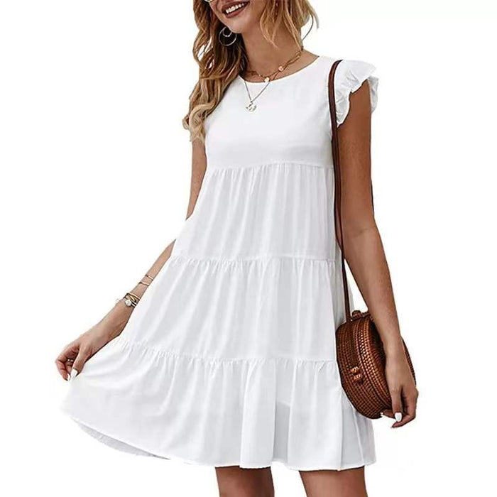 Summer Solid Color round Neck Short Sleeves Dress Casual Tiered Dress Pleated Large Swing Dress