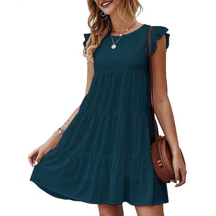 Summer Solid Color round Neck Short Sleeves Dress Casual Tiered Dress Pleated Large Swing Dress