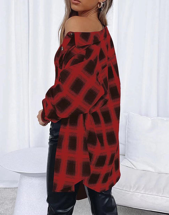 Women Autumn Winter Women Casual Pocket Loose Plaid Shirt