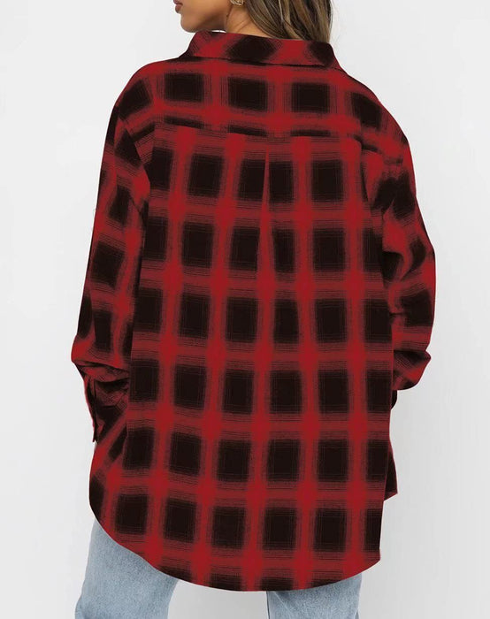 Women Autumn Winter Women Casual Pocket Loose Plaid Shirt