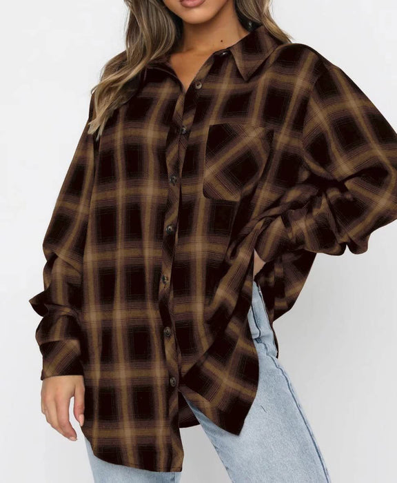 Women Autumn Winter Women Casual Pocket Loose Plaid Shirt