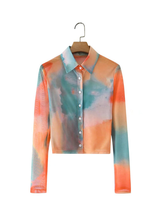 Spring Summer Tie-Dyed Long-Sleeved Shirt Loose Women  Niche Elegant Graceful Collared