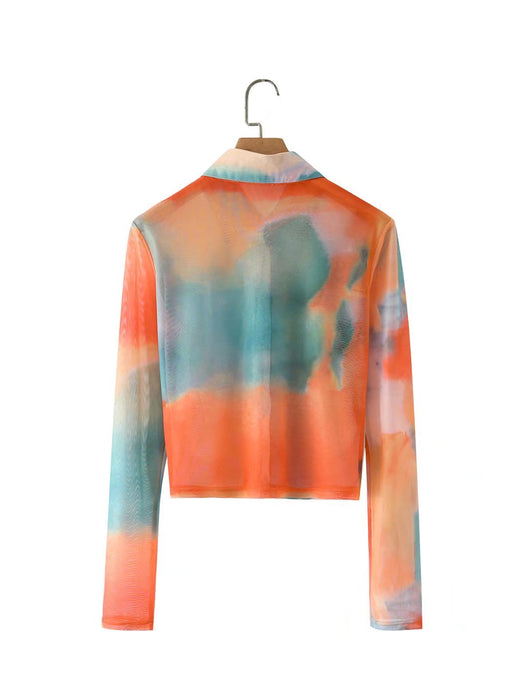 Spring Summer Tie-Dyed Long-Sleeved Shirt Loose Women  Niche Elegant Graceful Collared