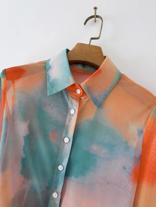 Spring Summer Tie-Dyed Long-Sleeved Shirt Loose Women  Niche Elegant Graceful Collared