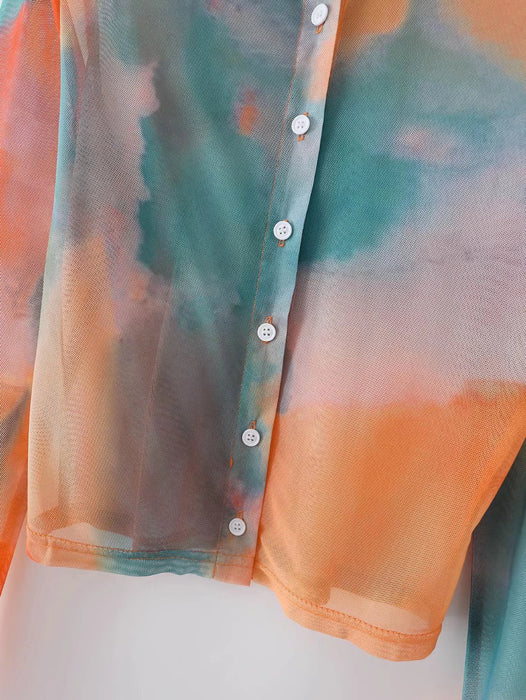 Spring Summer Tie-Dyed Long-Sleeved Shirt Loose Women  Niche Elegant Graceful Collared