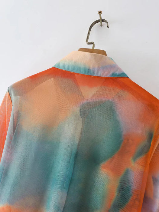 Spring Summer Tie-Dyed Long-Sleeved Shirt Loose Women  Niche Elegant Graceful Collared