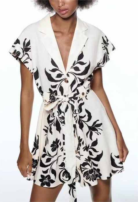 Summer Wind Women Suit Collar Short Sleeve Printed Dress