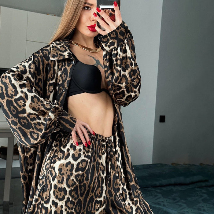 Spring Women  Clothes Suit Long Sleeve Leopard Print Loose Two Piece Suit