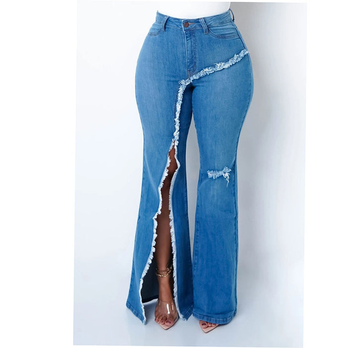 Split Jeans Women Blue Color Worn Trendy High Waist Loose Bootcut Trousers