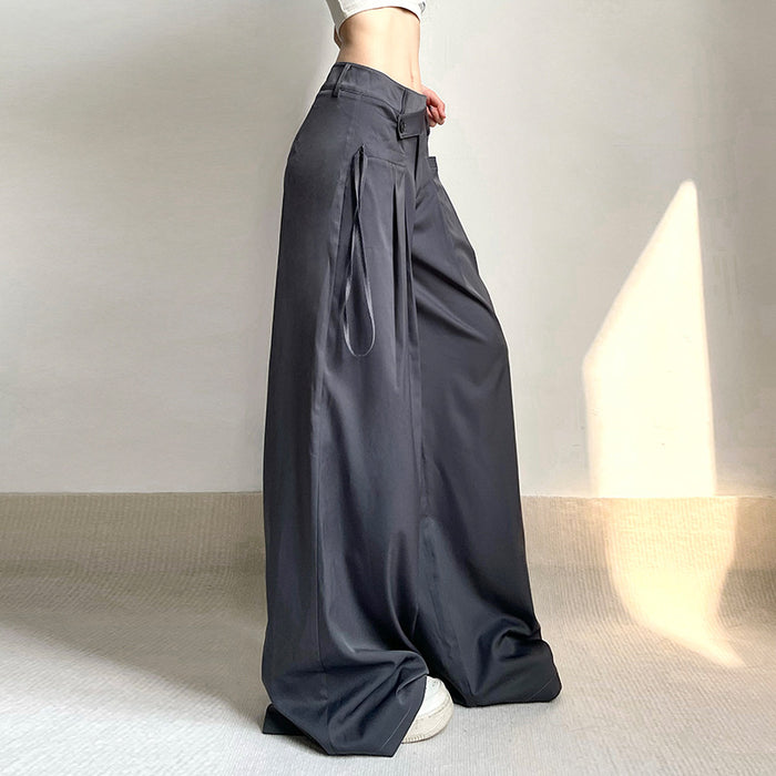 High Street Trendsetter Wear Irregular Asymmetric Waist Design Low Waist Straight Ribbon Loose Drooping Wide Leg Pants