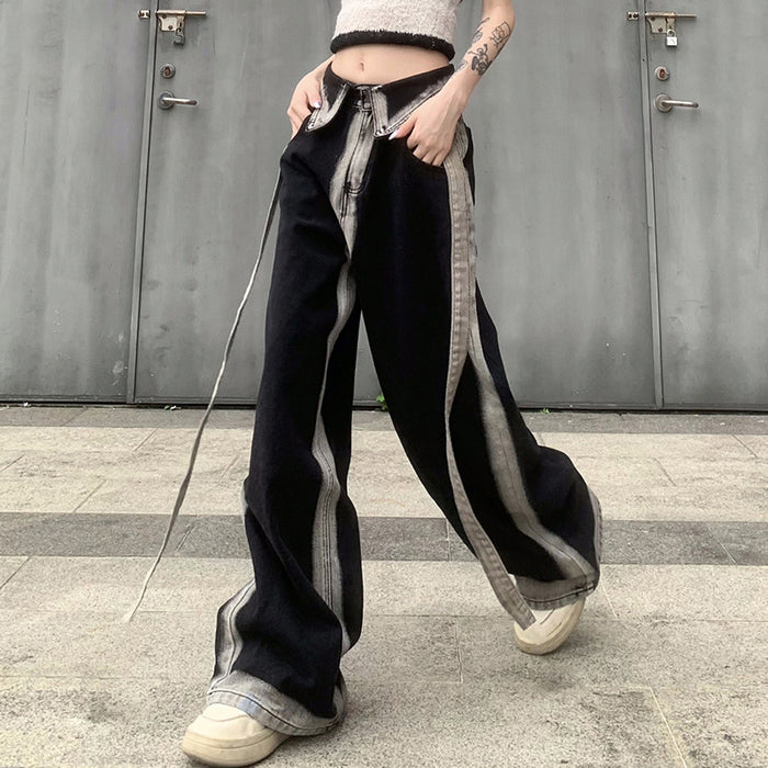 Casual Low Waist Flanging Tie Dyed Contrast Color Jeans Trendy Belt Slimming Straight Pants Trousers