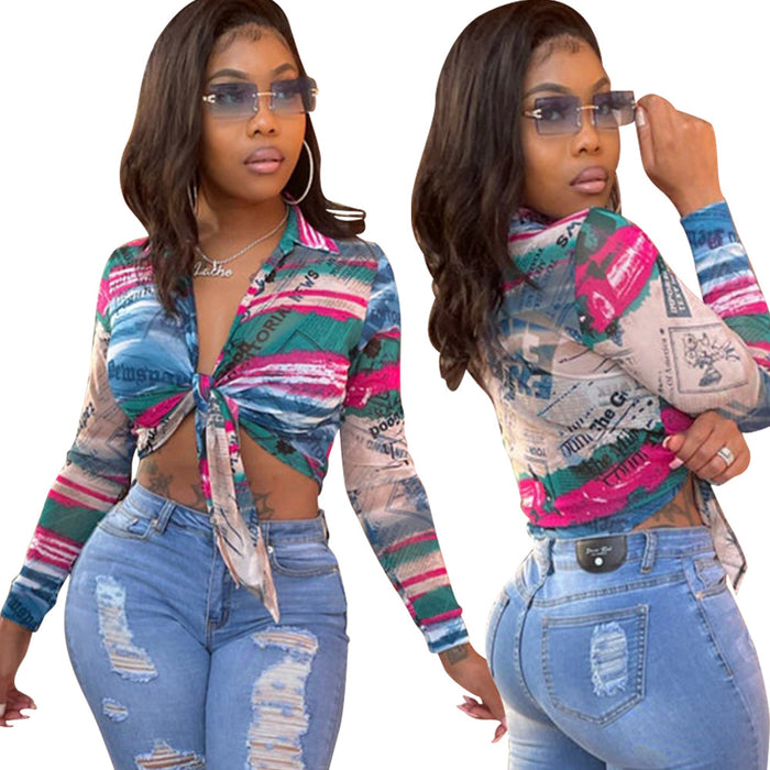 Summer Women Clothing Digital Printed Cardigan Bow Long Sleeve Shirt for Women