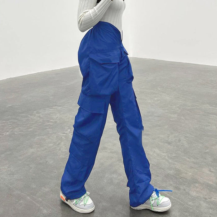 Autumn New Casual Hip Hop Straight Large Pocket Overalls Blue V neck Personalized Waist Tight Casual Pants