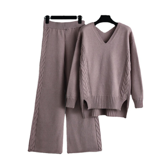 Knitted Wide Leg Pants Sweater Suit for Women Autumn Korean Loose Thick Twet