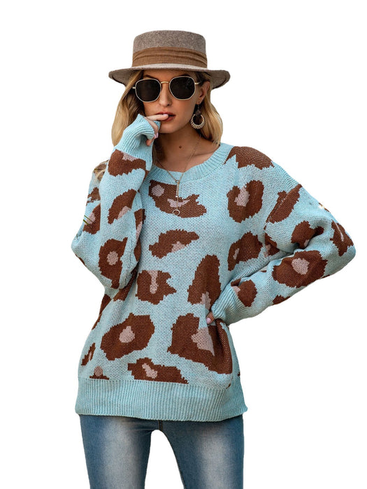 Leopard Print round Neck Sweater Autumn Winter Loose Pullover