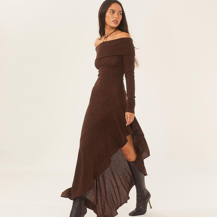 Women  Wear Elegant off Shoulder Long Sleeve Close-Fitting Ruffled Maxi Dress for Women