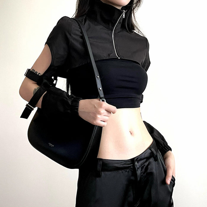 Dark Mechanical Irregular Asymmetric Stand Collar Workwear Blouse Sexy Cool Handsome Wear Ultra Short Coat