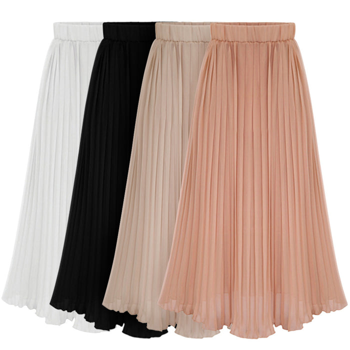 Casual Solid Color All-Matching Waist Chiffon Skirt Autumn Winter A- line Skirt Pleated Skirt