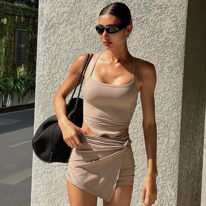 Sexy Wear Solid Color Slim Fit Sports Small Strap Irregular Asymmetric Culottes Two Piece Skirt