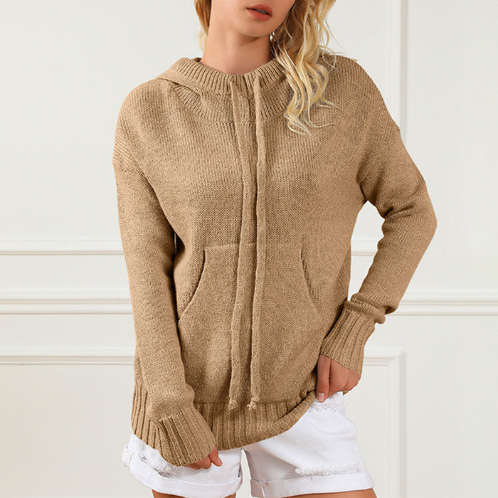 Fall Winter Hooded Knitwear for Women Solid Color Mid Length Loose Drawstring Pocket Loose Sweater for Women