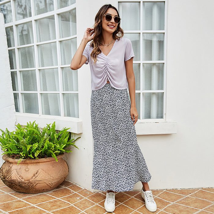 Summer Thin Women Fresh Sweet Loose A- line Skirt Fashionable High Waist Floral Skirt Mid-Length Skirt