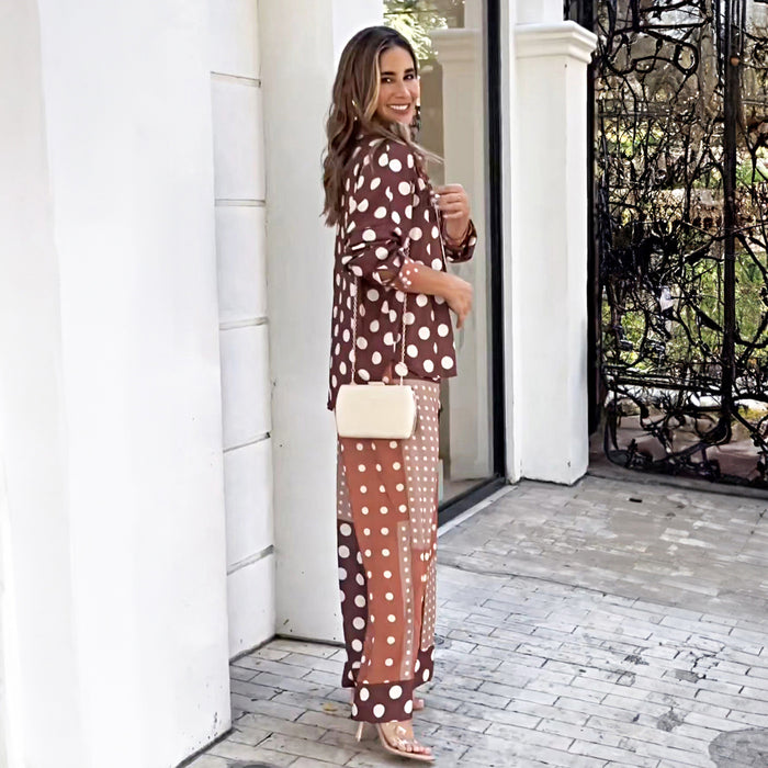 Autumn Winter Casual Comfortable Loose Polka Dot Lace Printing Wide Leg Pants Set Women